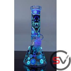 GEARED WOLF GLASS BEAKER WATER PIPE 10inch (GLOW IN DARK)